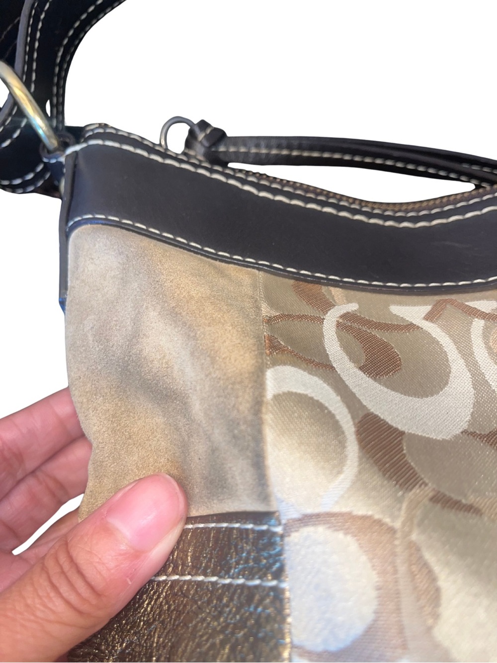 Coach Patchwork Suede Metallic Beige & Brown Crossbody Bag - Picture 9 of 12